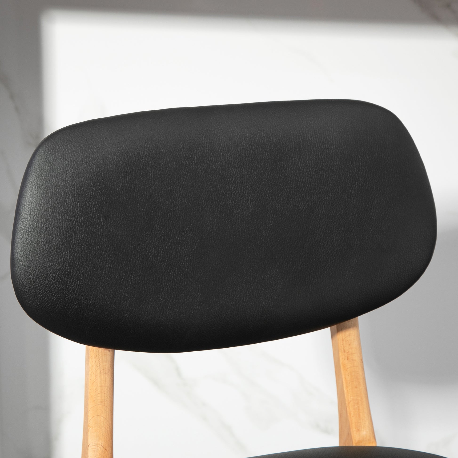 Set of 2 bar stools, modern bar chairs, synthetic leather kitchen stools with wooden backrest and legs, black