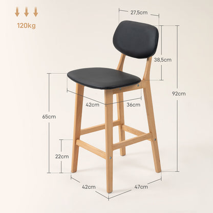 Set of 2 bar stools, modern bar chairs, synthetic leather kitchen stools with wooden backrest and legs, black