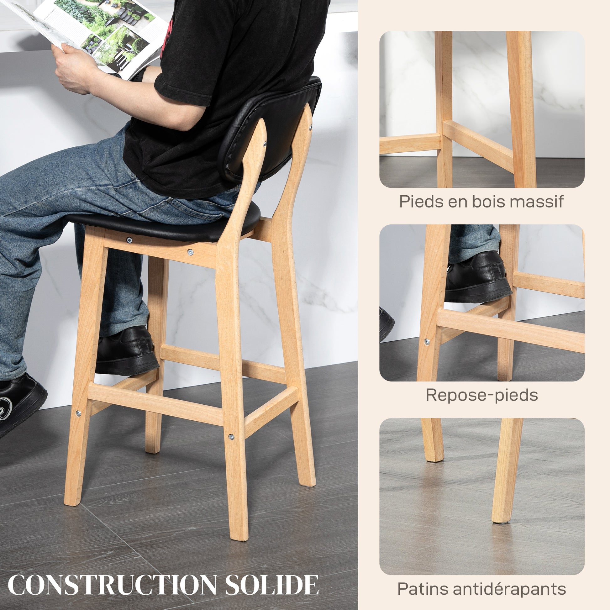 Set of 2 bar stools, modern bar chairs, synthetic leather kitchen stools with wooden backrest and legs, black