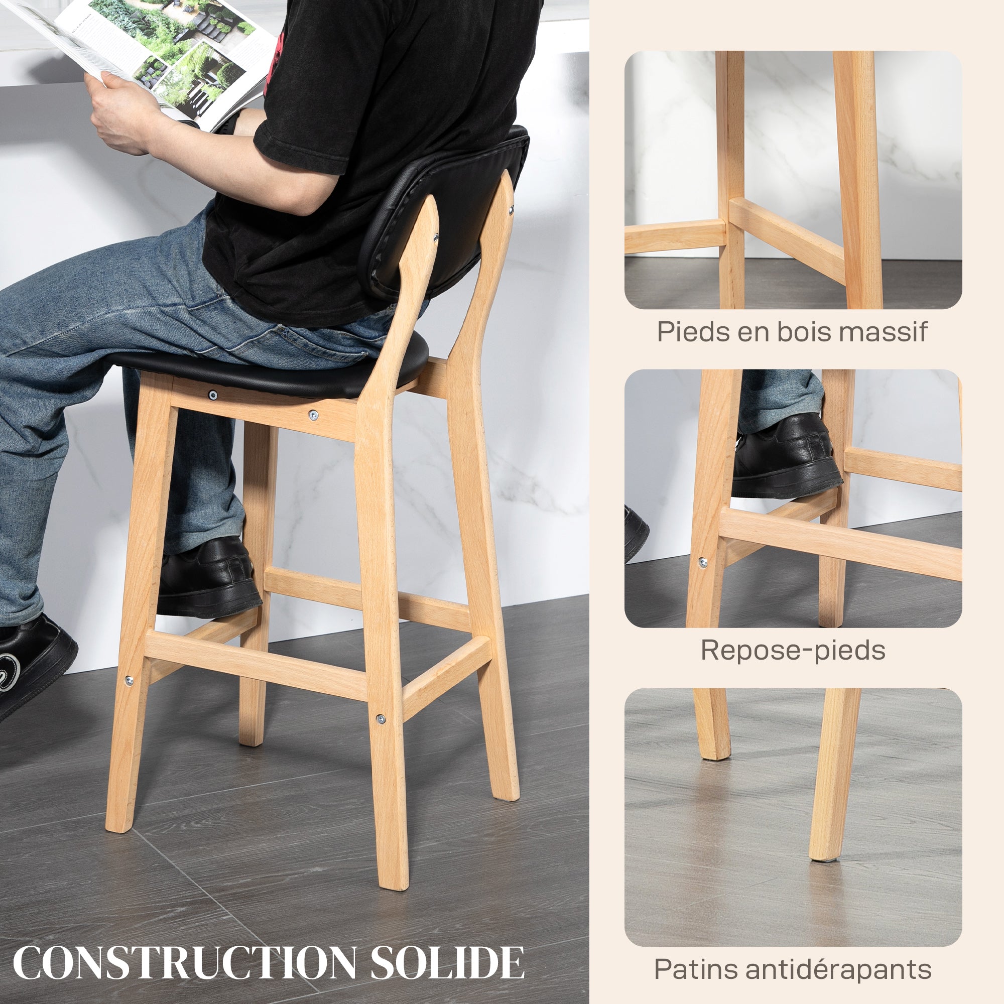 Set of 2 bar stools, modern bar chairs, synthetic leather kitchen stools with wooden backrest and legs, black