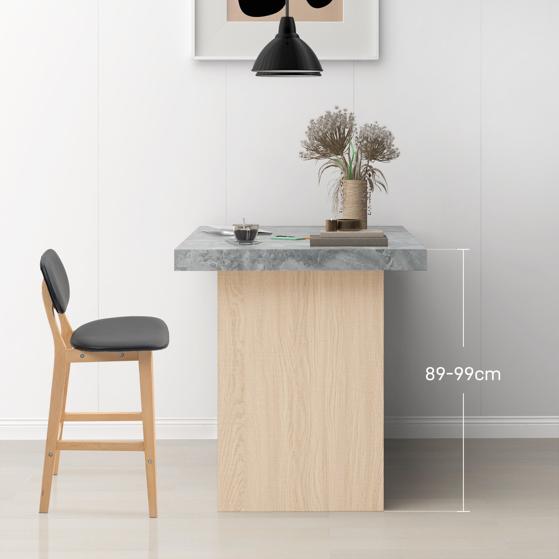 Set of 2 bar stools, modern bar chairs, synthetic leather kitchen stools with wooden backrest and legs, black