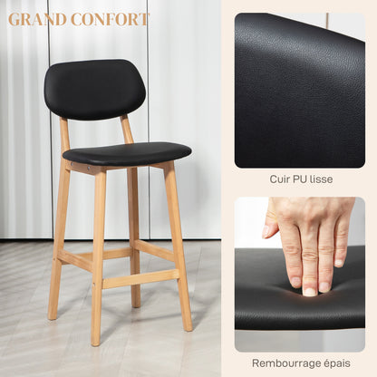 Set of 2 bar stools, modern bar chairs, synthetic leather kitchen stools with wooden backrest and legs, black