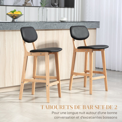 Set of 2 bar stools, modern bar chairs, synthetic leather kitchen stools with wooden backrest and legs, black