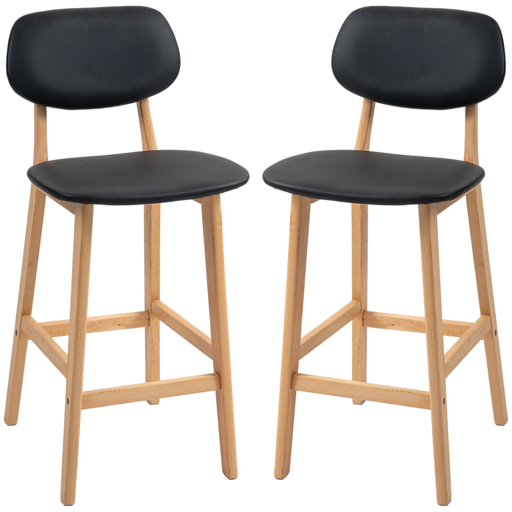 Set of 2 bar stools, modern bar chairs, synthetic leather kitchen stools with wooden backrest and legs, black