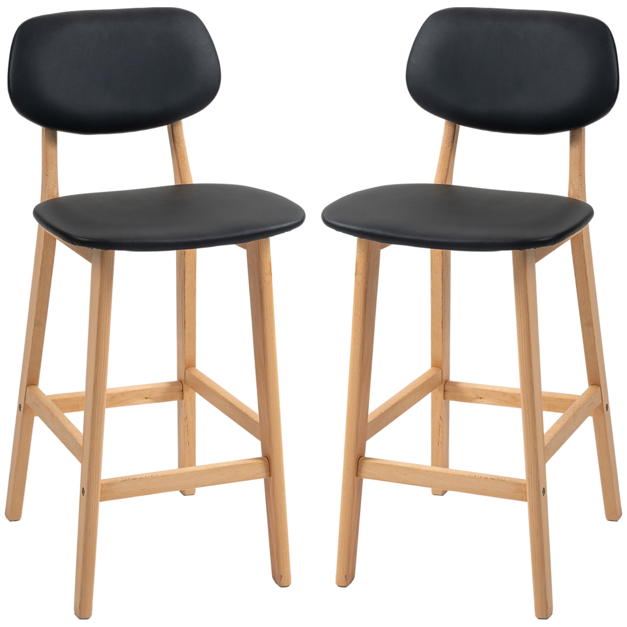 Set of 2 bar stools, modern bar chairs, synthetic leather kitchen stools with wooden backrest and legs, black