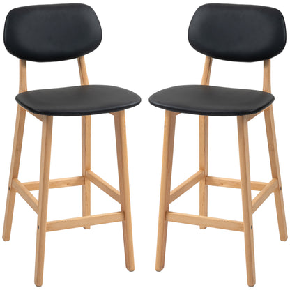 Set of 2 bar stools, modern bar chairs, synthetic leather kitchen stools with wooden backrest and legs, black