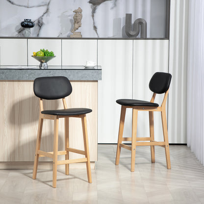 Set of 2 bar stools, modern bar chairs, synthetic leather kitchen stools with wooden backrest and legs, black
