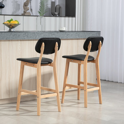 Set of 2 bar stools, modern bar chairs, synthetic leather kitchen stools with wooden backrest and legs, black