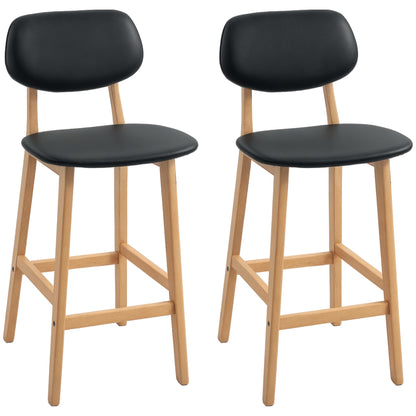 Set of 2 bar stools, modern bar chairs, synthetic leather kitchen stools with wooden backrest and legs, black