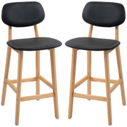 Set of 2 bar stools, modern bar chairs, synthetic leather kitchen stools with wooden backrest and legs, black