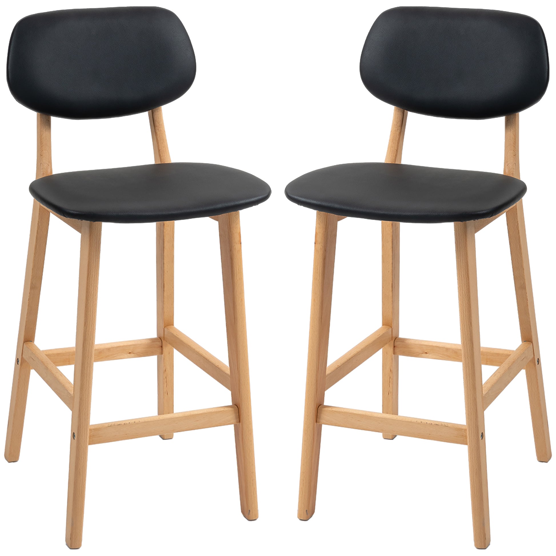 Set of 2 bar stools, modern bar chairs, synthetic leather kitchen stools with wooden backrest and legs, black