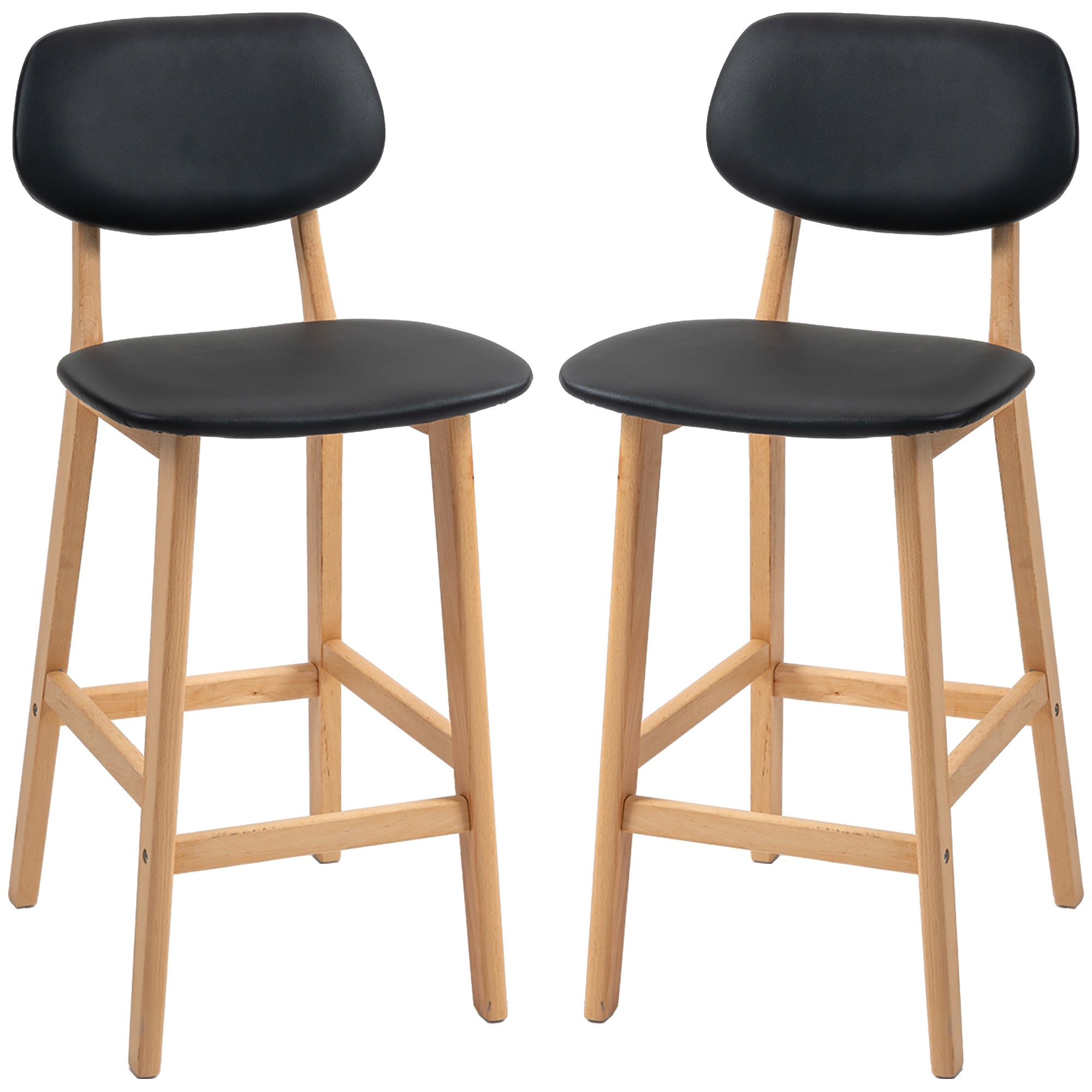 Set of 2 bar stools, modern bar chairs, synthetic leather kitchen stools with wooden backrest and legs, black