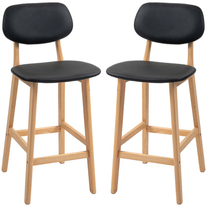Set of 2 bar stools, modern bar chairs, synthetic leather kitchen stools with wooden backrest and legs, black
