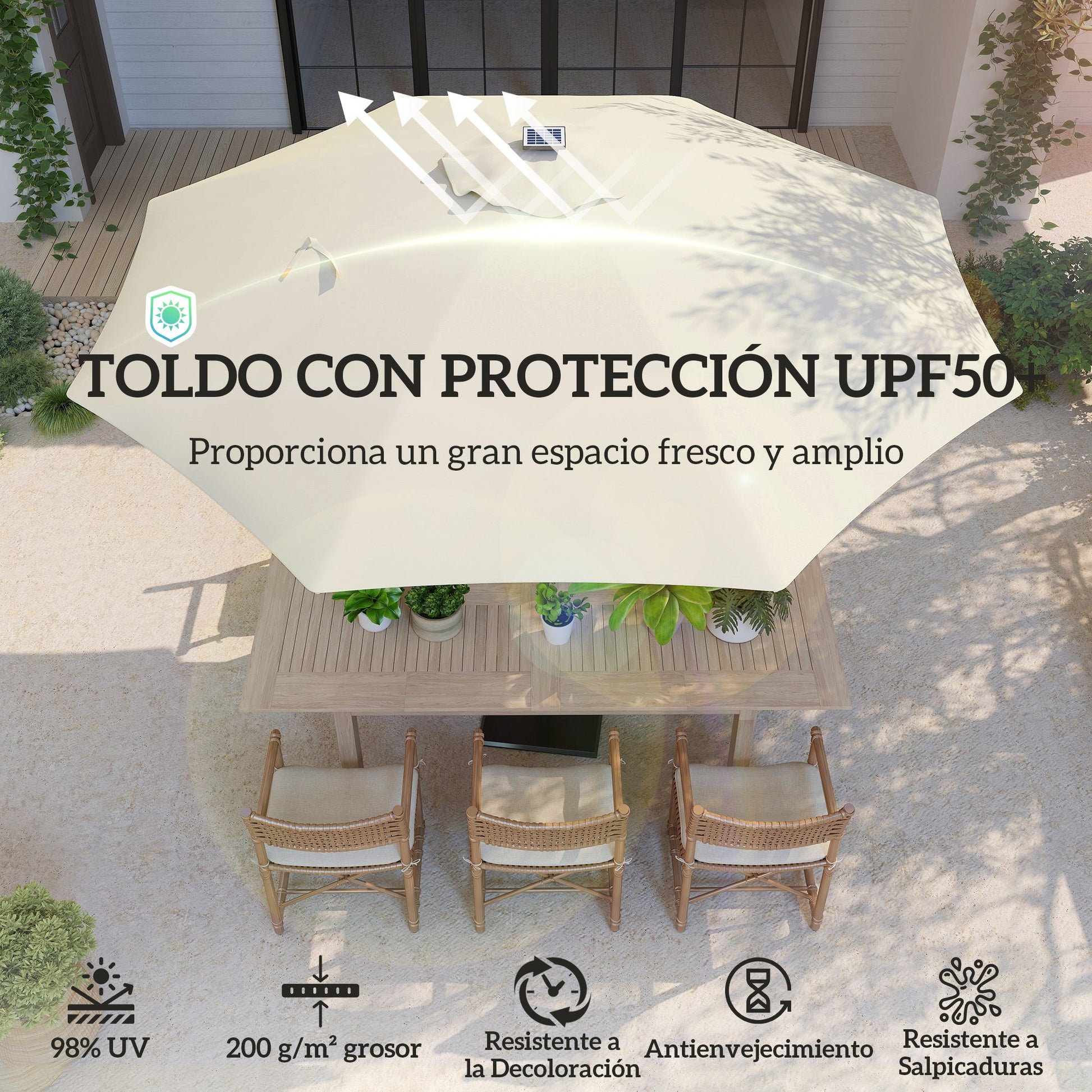 Outdoor Terrace Umbrella with LED Lights Ø300x256 cm Garden Parasol with Crank UV50+ Protection and Aluminum Post Umbrella for Patio Pool Beach Cream