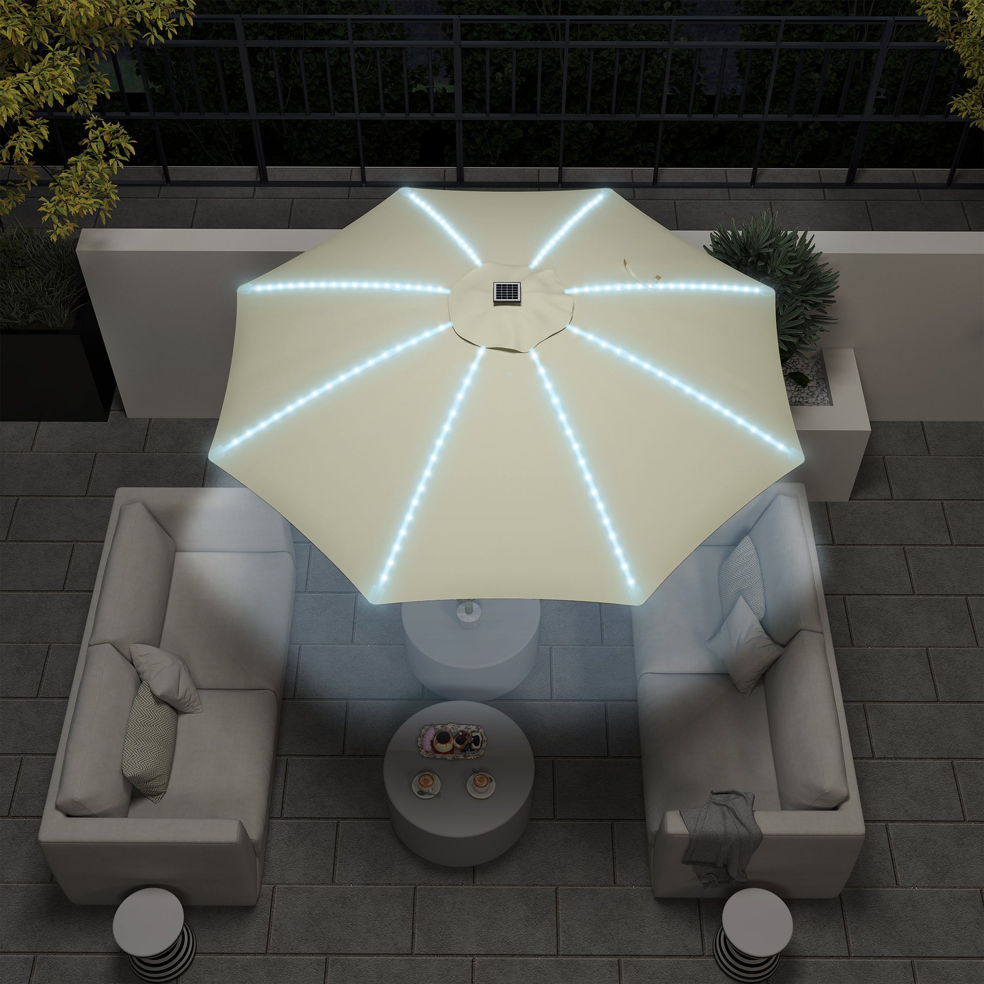 Outdoor Terrace Umbrella with LED Lights Ø300x256 cm Garden Parasol with Crank UV50+ Protection and Aluminum Post Umbrella for Patio Pool Beach Cream