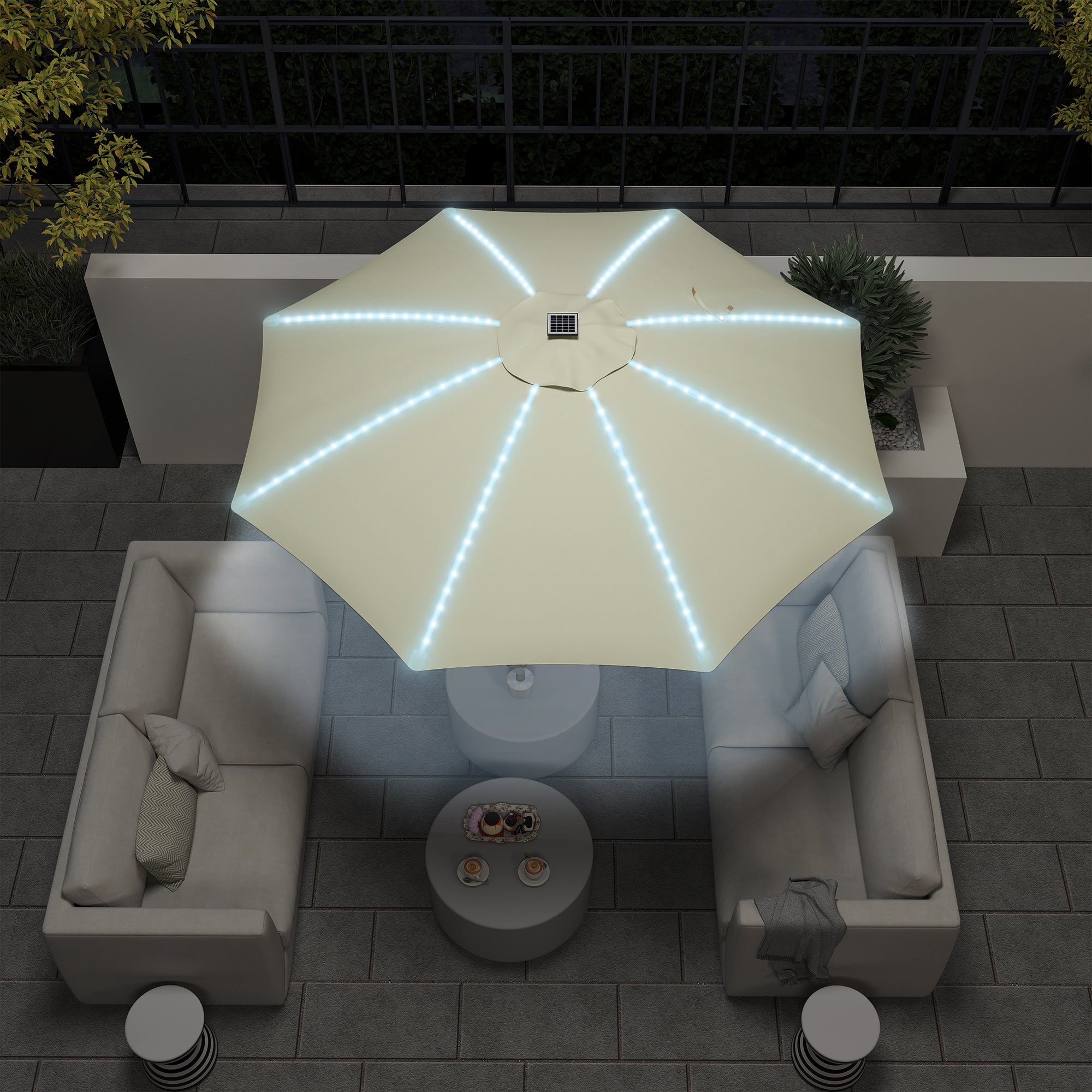 Outdoor Terrace Umbrella with LED Lights Ø300x256 cm Garden Parasol with Crank UV50+ Protection and Aluminum Post Umbrella for Patio Pool Beach Cream