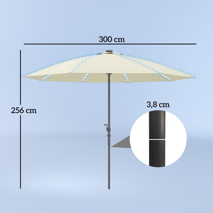 Outdoor Terrace Umbrella with LED Lights Ø300x256 cm Garden Parasol with Crank UV50+ Protection and Aluminum Post Umbrella for Patio Pool Beach Cream