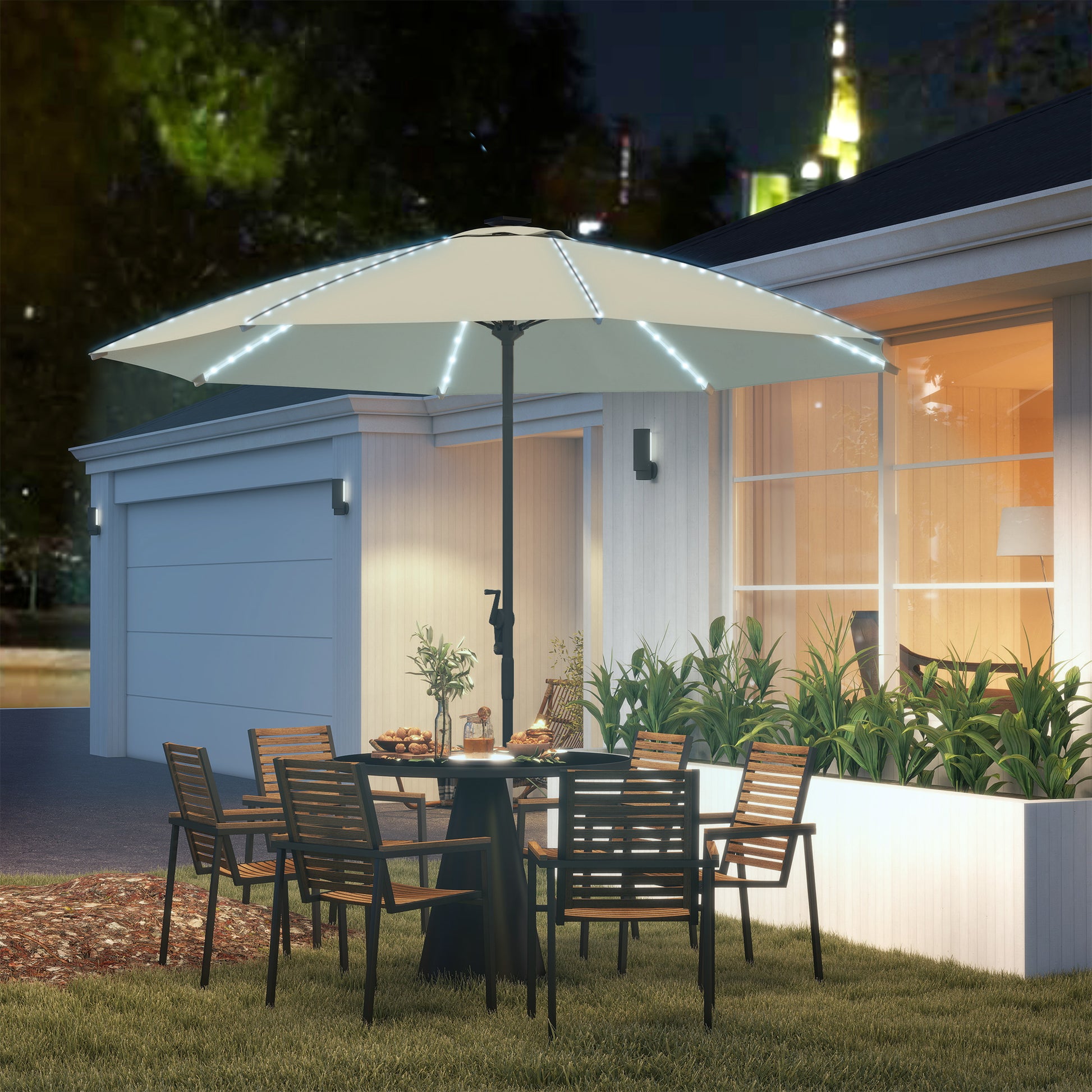 Outdoor Terrace Umbrella with LED Lights Ø300x256 cm Garden Parasol with Crank UV50+ Protection and Aluminum Post Umbrella for Patio Pool Beach Cream