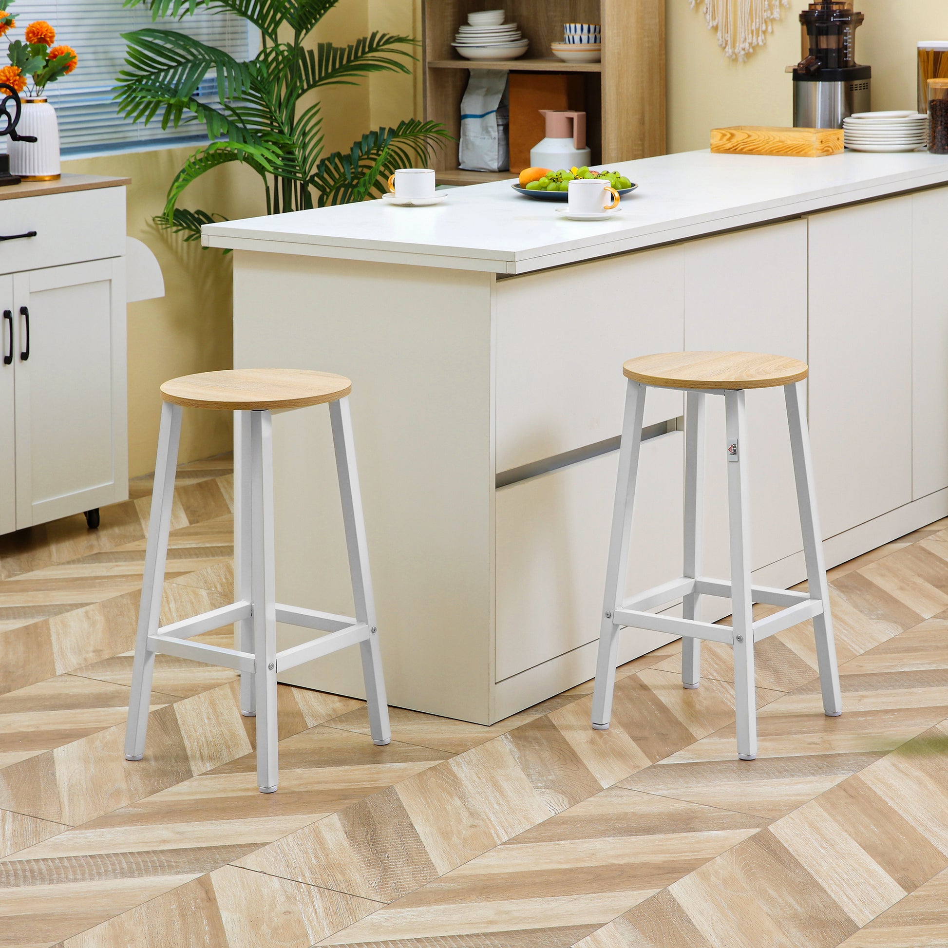 Set of 2 Kitchen Counter Height Bar Stools 65cm Barstools with Steel Legs and Footrest for Living Room Dining Room Bar Load 165 lbs Natural Wood and White