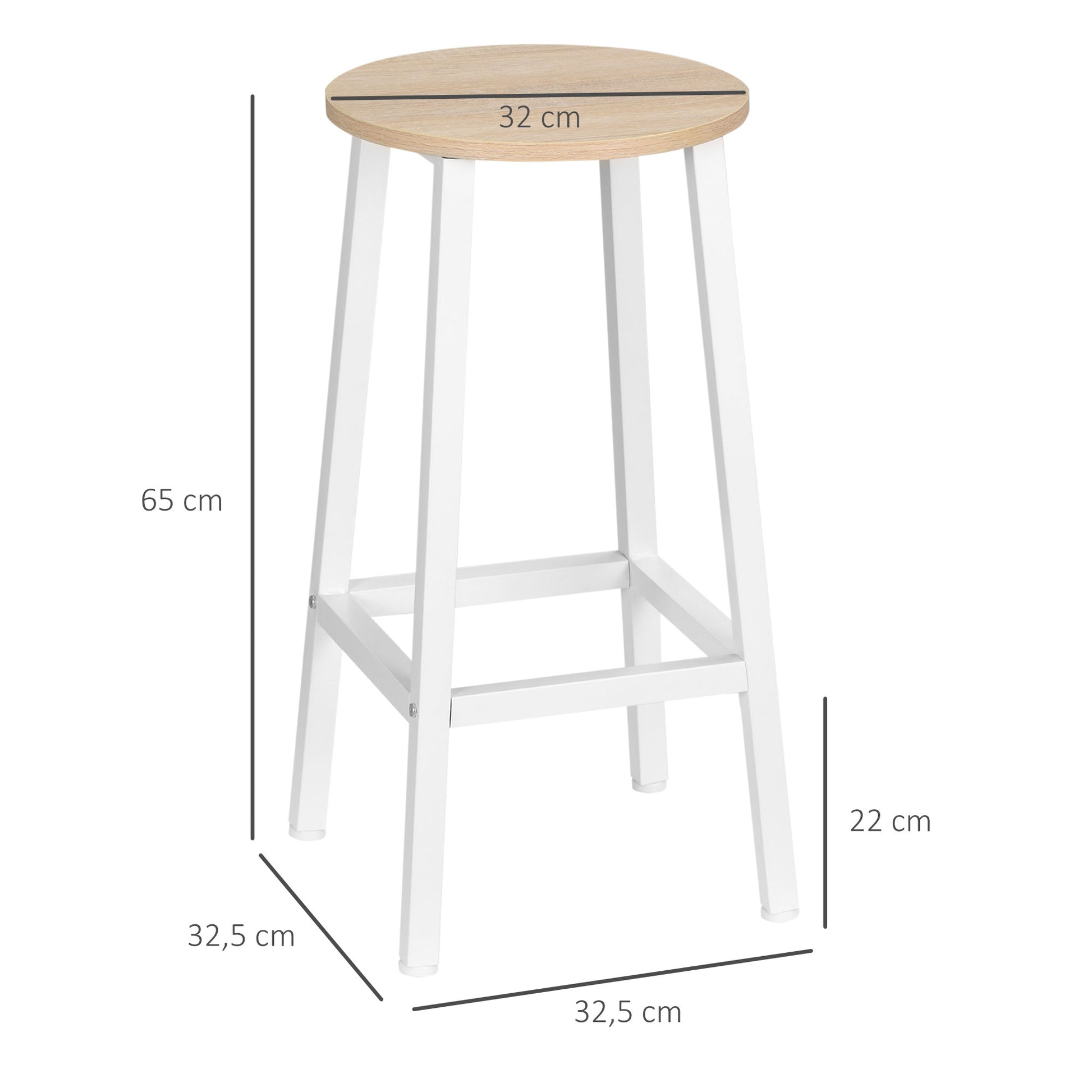 Set of 2 Kitchen Counter Height Bar Stools 65cm Barstools with Steel Legs and Footrest for Living Room Dining Room Bar Load 165 lbs Natural Wood and White