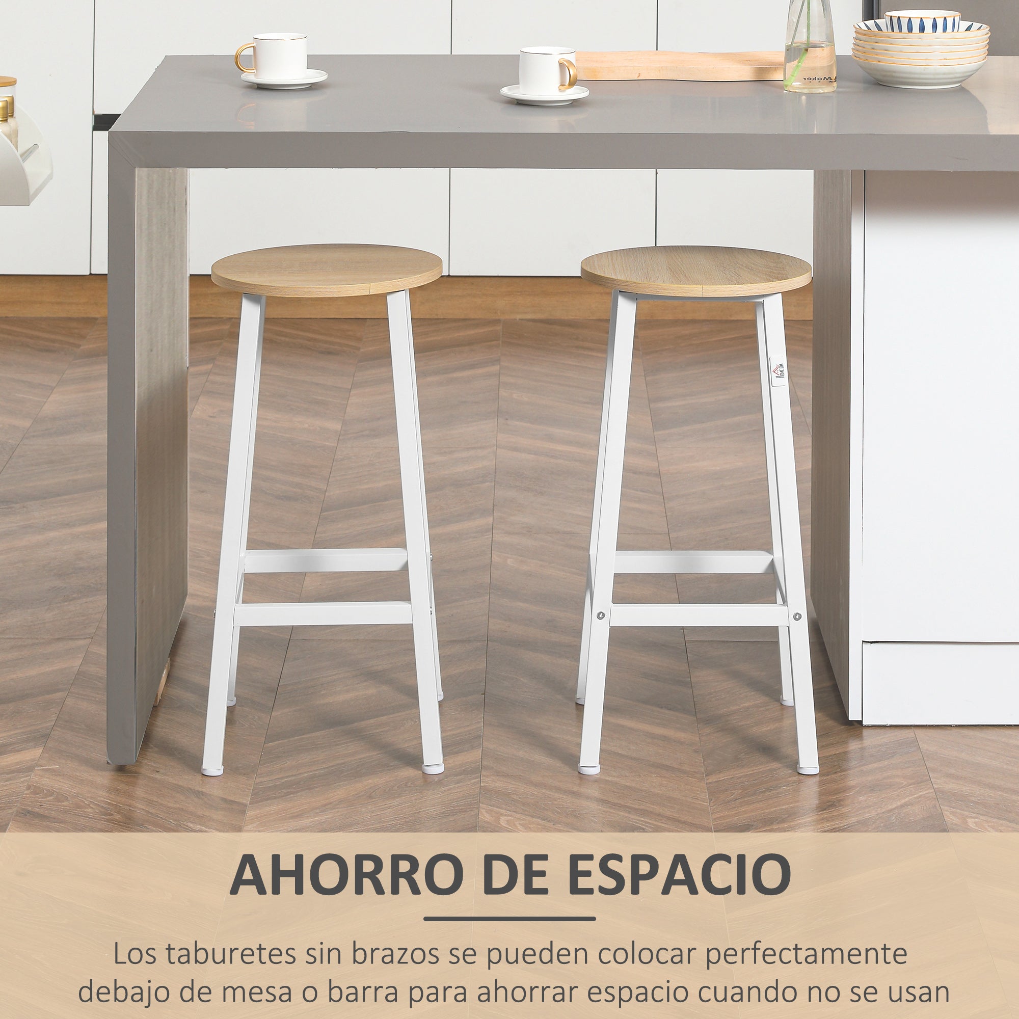 Set of 2 Kitchen Counter Height Bar Stools 65cm Barstools with Steel Legs and Footrest for Living Room Dining Room Bar Load 165 lbs Natural Wood and White