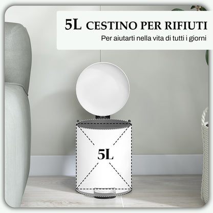 5L Pedal Trash Can with Soft Closing Lid, Metal and PP Waste Basket, 26.5x21x28 cm, Cream White