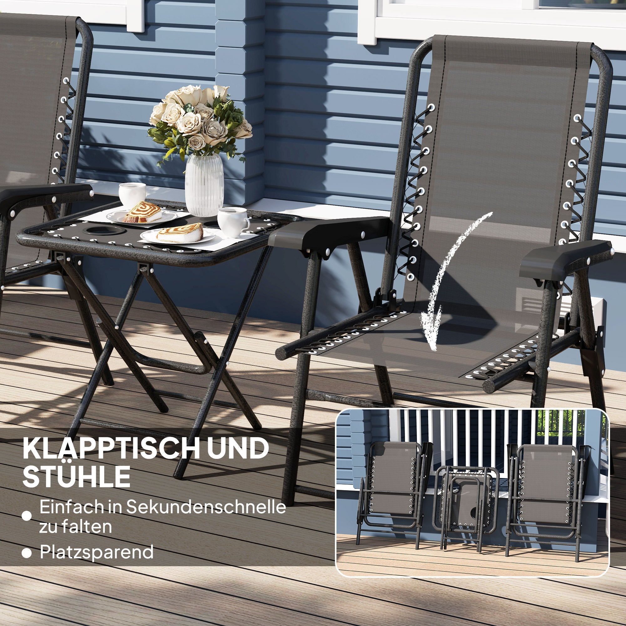 3-Piece Folding Bistro Set – Powder-Coated Steel, Black (2 Chairs + Table) with Cup Holders