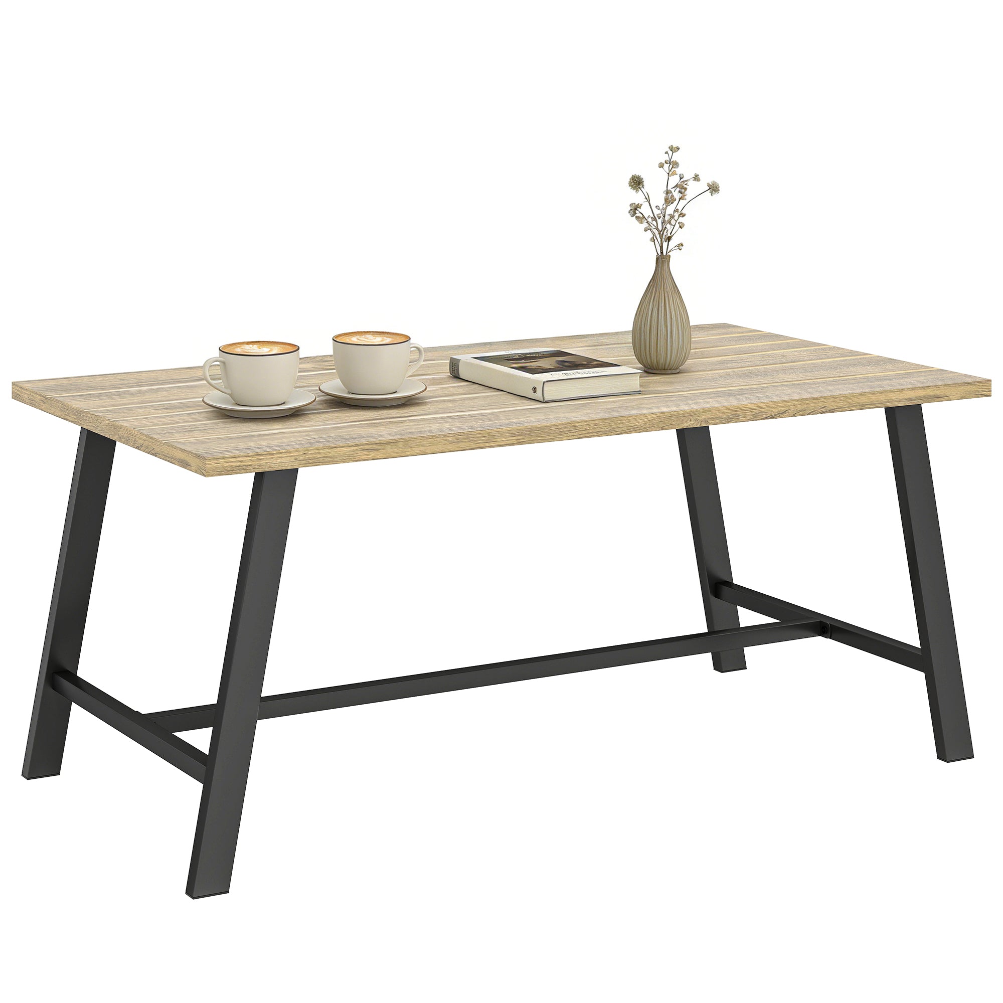 Outdoor Coffee Table, Rectangular Metal Side Table with Wood-Look Top, for Indoor/Outdoor, Garden, Balcony, 100 x 55 cm, Brown