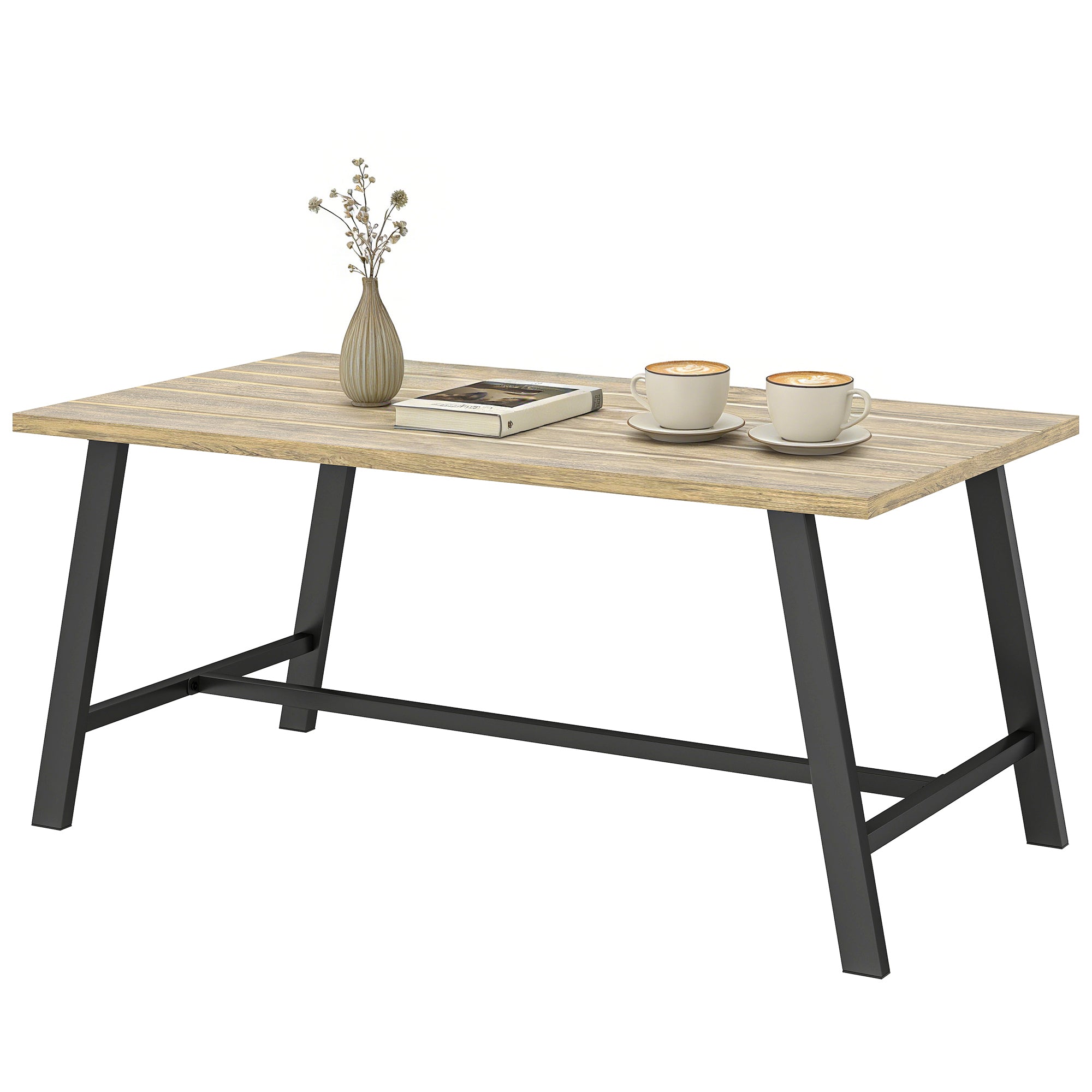 Outdoor Coffee Table, Rectangular Metal Side Table with Wood-Look Top, for Indoor/Outdoor, Garden, Balcony, 100 x 55 cm, Brown