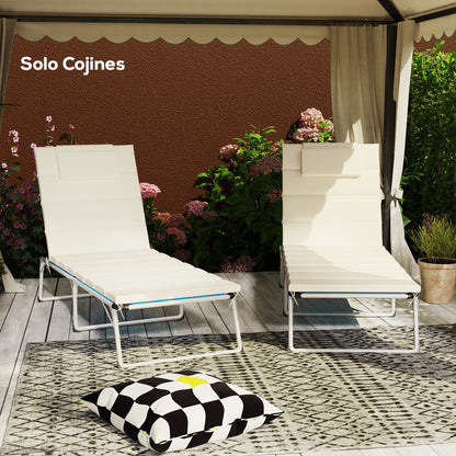 Pack 2 Cushions for Folding Sun Loungers Garden Sunbed Mattresses 203x66x3 cm with Headrest and Fastening Straps Cream