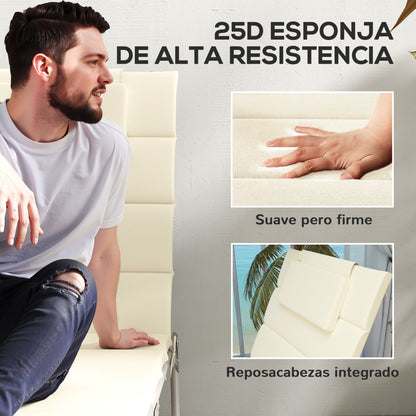 Pack 2 Cushions for Folding Sun Loungers Garden Sunbed Mattresses 203x66x3 cm with Headrest and Fastening Straps Cream