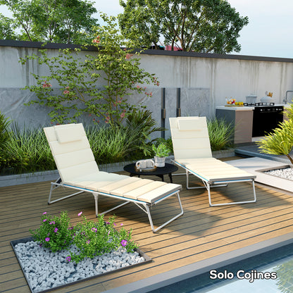 Pack 2 Cushions for Folding Sun Loungers Garden Sunbed Mattresses 203x66x3 cm with Headrest and Fastening Straps Cream