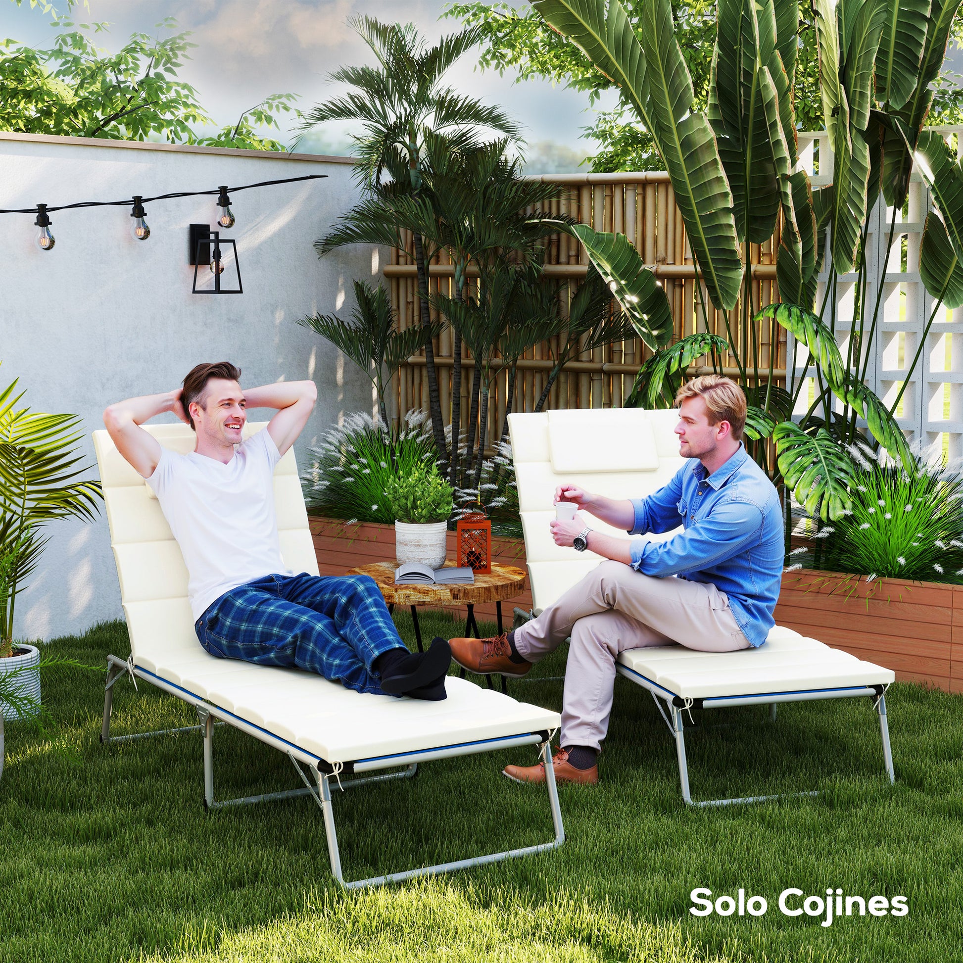 Pack 2 Cushions for Folding Sun Loungers Garden Sunbed Mattresses 203x66x3 cm with Headrest and Fastening Straps Cream