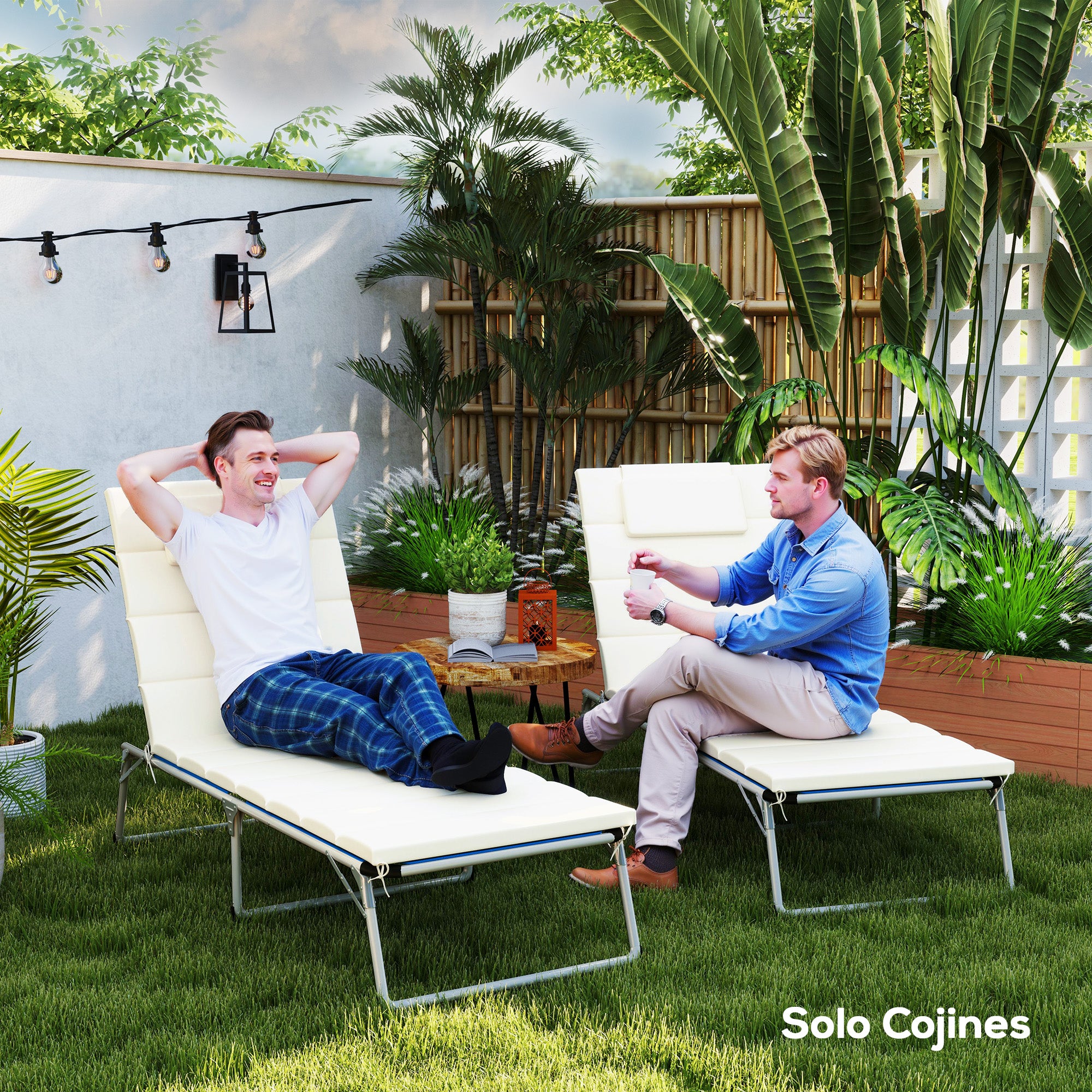 Pack 2 Cushions for Folding Sun Loungers Garden Sunbed Mattresses 203x66x3 cm with Headrest and Fastening Straps Cream