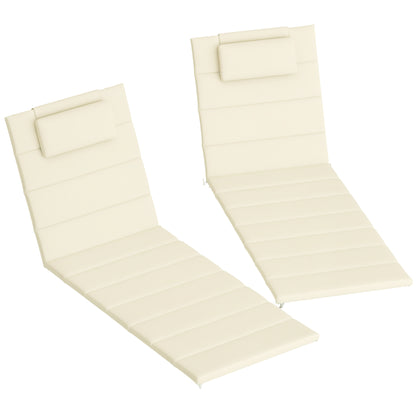 Pack 2 Cushions for Folding Sun Loungers Garden Sunbed Mattresses 203x66x3 cm with Headrest and Fastening Straps Cream