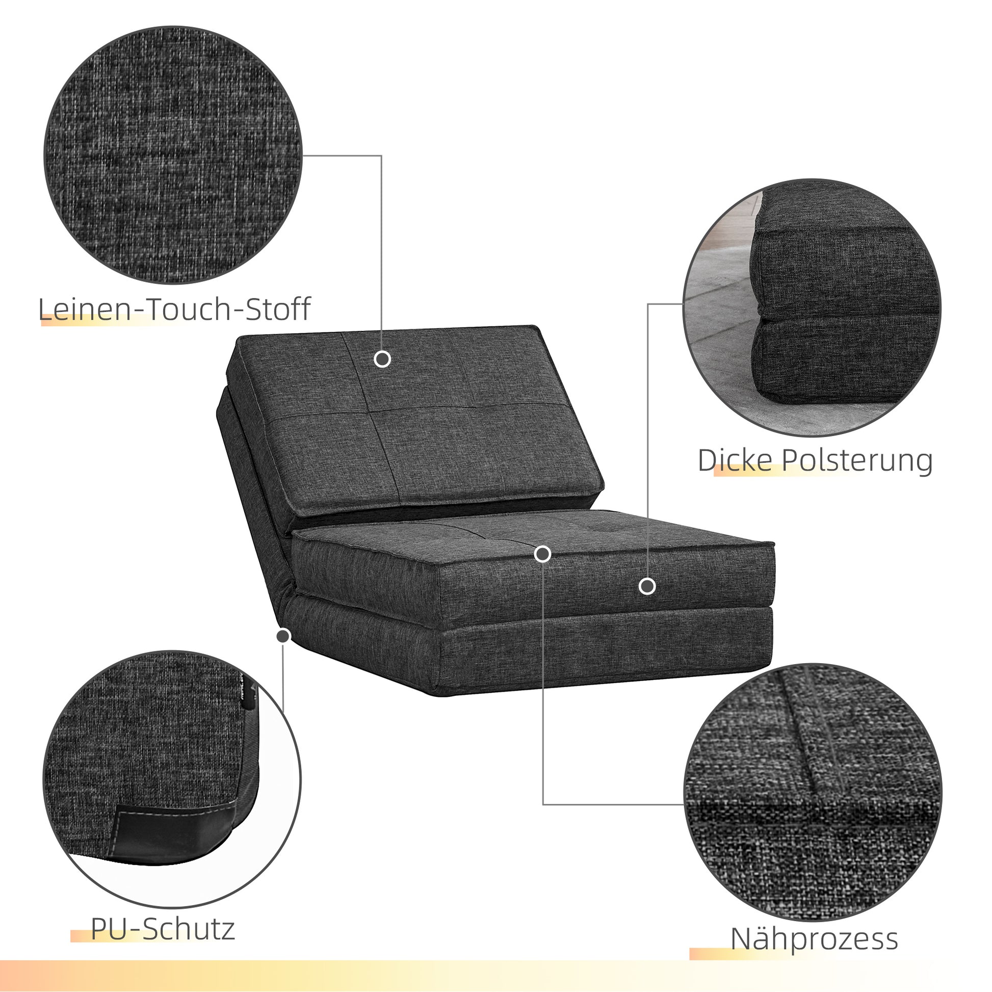 Foldable Floor Sofa Sleeper Chair Floor Seat 5-Position Reclining Folding Chair Sleeper Sofa Single Sofa Dark Grey 61 x 73 x 58 cm