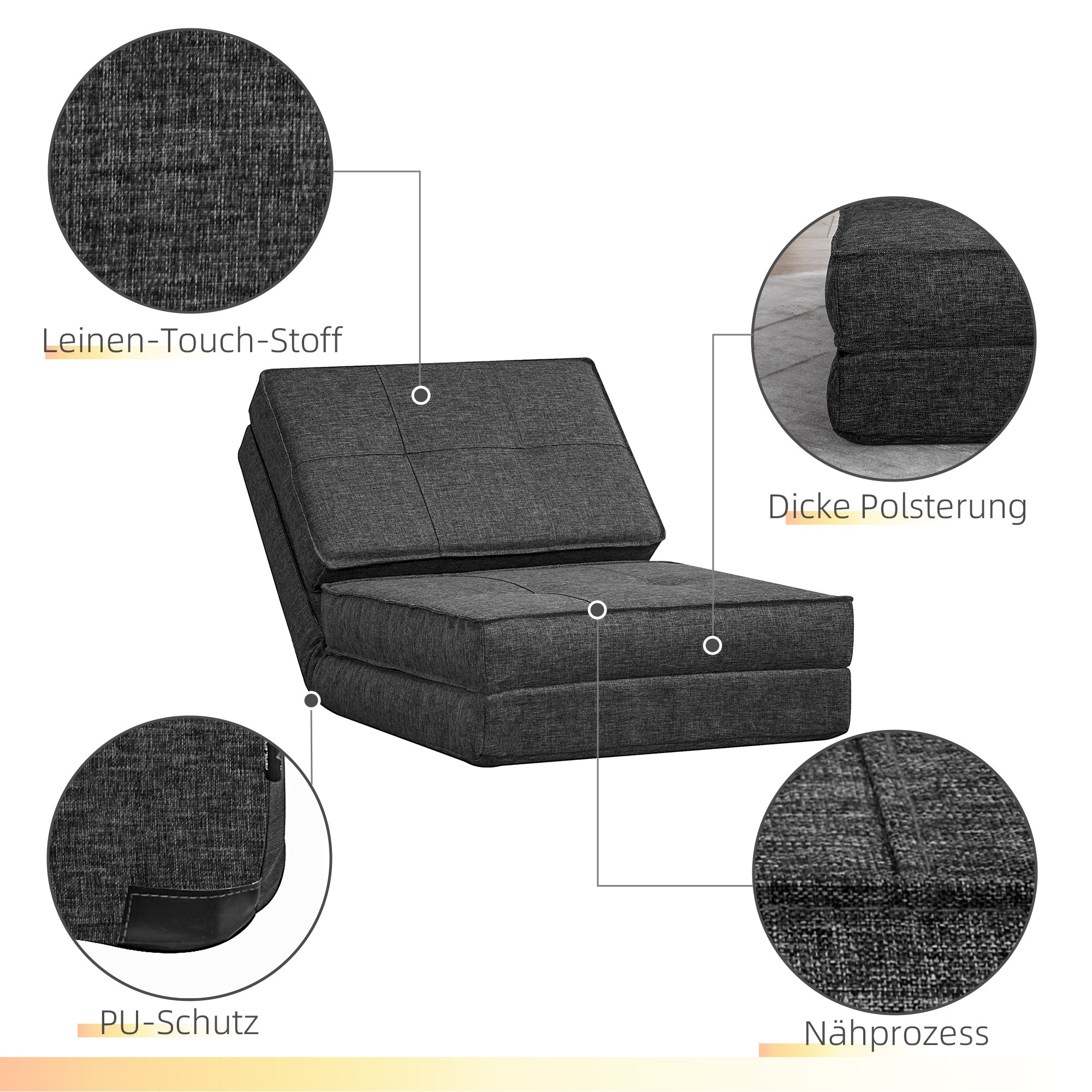 Foldable Floor Sofa Sleeper Chair Floor Seat 5-Position Reclining Folding Chair Sleeper Sofa Single Sofa Dark Grey 61 x 73 x 58 cm