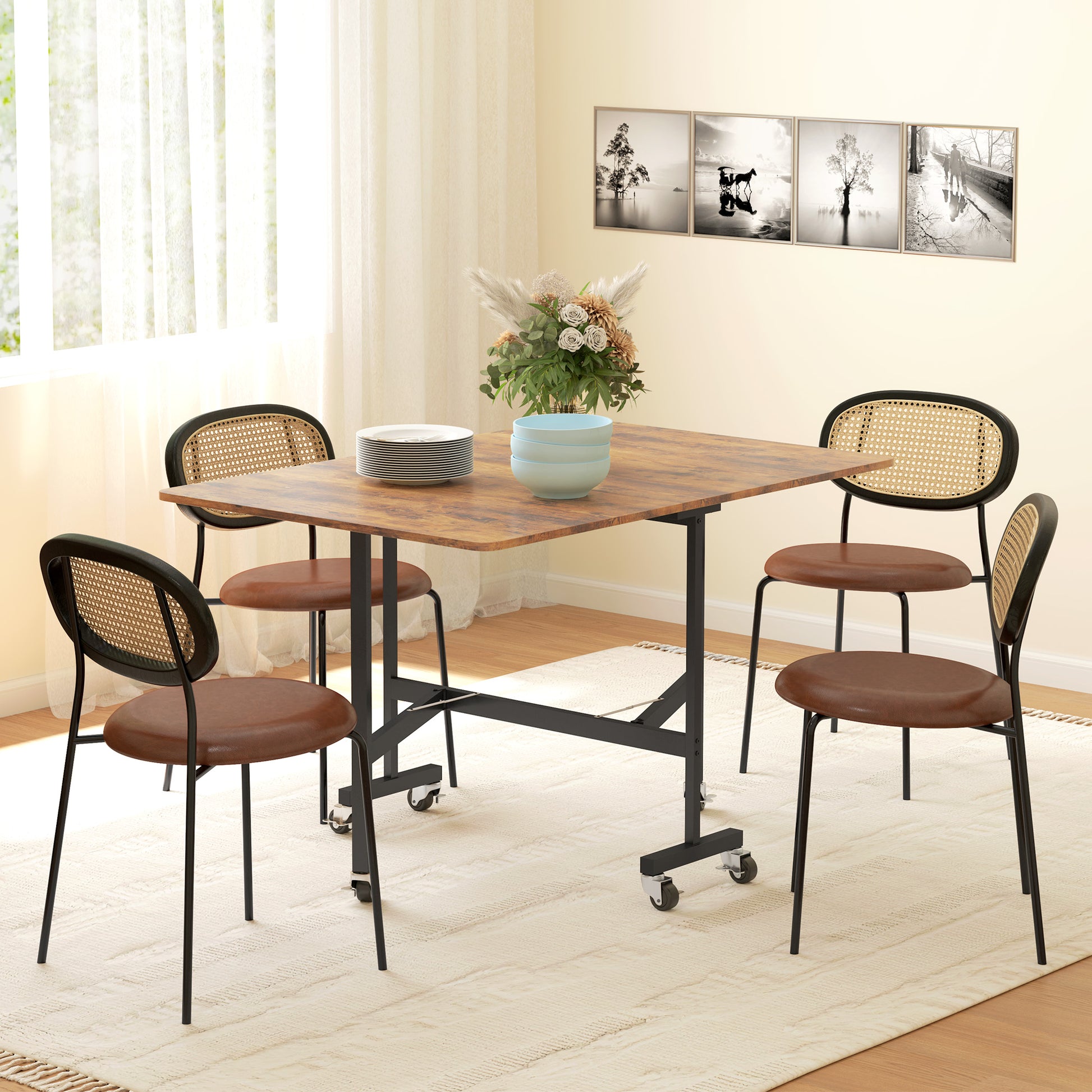 Folding Kitchen Table, Foldable Dining Table, with 2 Drop Leaves, 6 Wheels with Brakes, for 4-6 People, Load 100 kg, Steel Legs, 120 x 80 x 73 cm, Rustic Brown