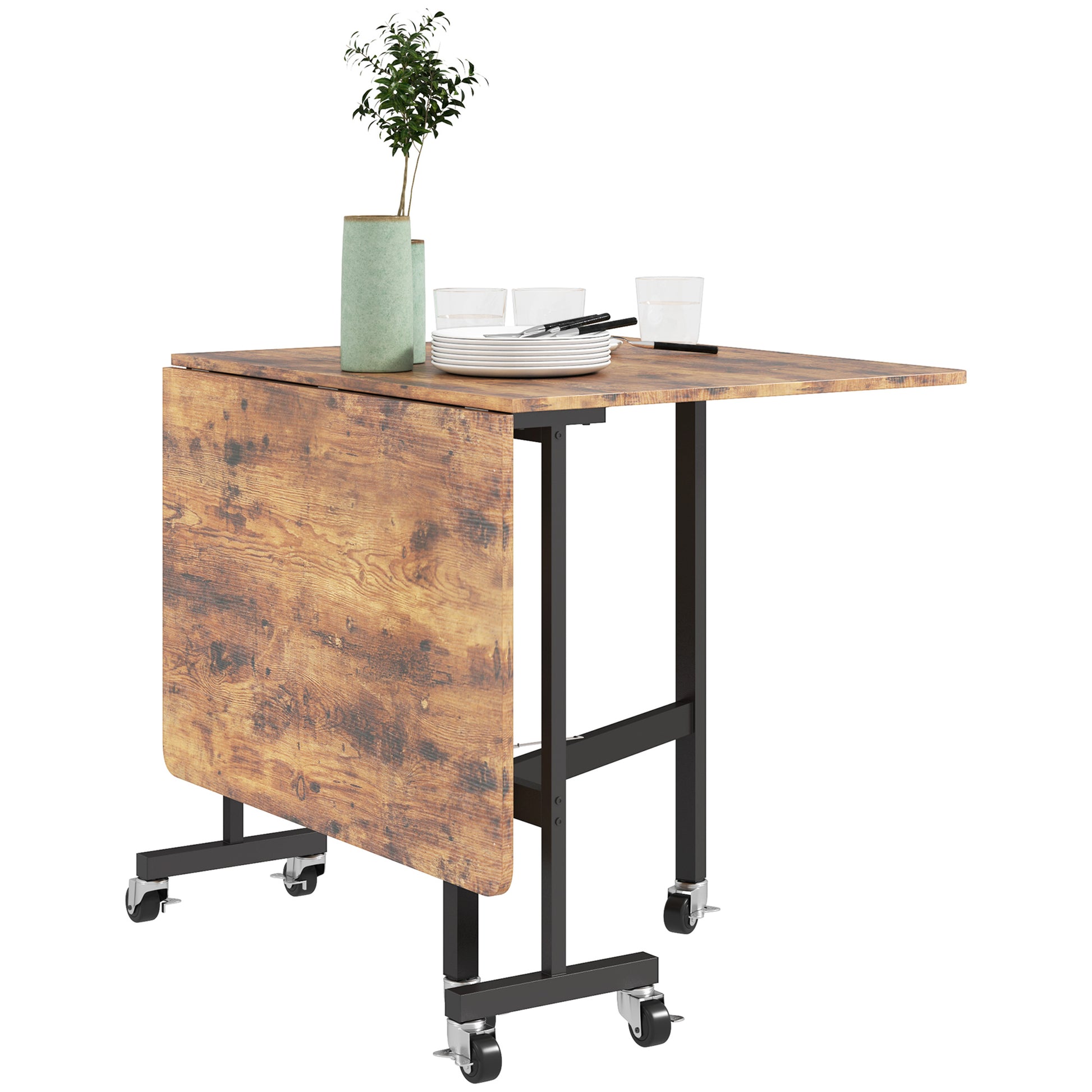 Folding Kitchen Table, Foldable Dining Table, with 2 Drop Leaves, 6 Wheels with Brakes, for 4-6 People, Load 100 kg, Steel Legs, 120 x 80 x 73 cm, Rustic Brown