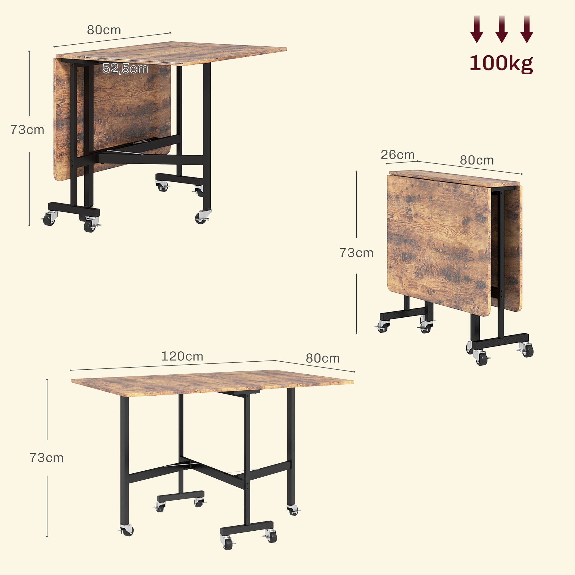 Folding Kitchen Table, Foldable Dining Table, with 2 Drop Leaves, 6 Wheels with Brakes, for 4-6 People, Load 100 kg, Steel Legs, 120 x 80 x 73 cm, Rustic Brown
