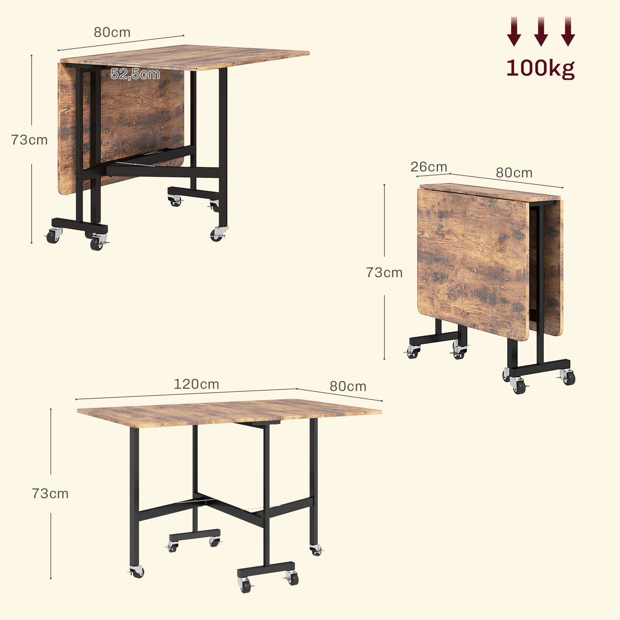 Folding Kitchen Table, Foldable Dining Table, with 2 Drop Leaves, 6 Wheels with Brakes, for 4-6 People, Load 100 kg, Steel Legs, 120 x 80 x 73 cm, Rustic Brown