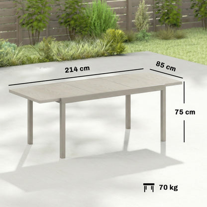Extendable Garden Table, 60.6–84.3 in x 33.5 in Aluminum Dining Table for 8–10 People, Rectangular Balcony/Patio Table with Wood-Effect Top, Weatherproof — Light Gray