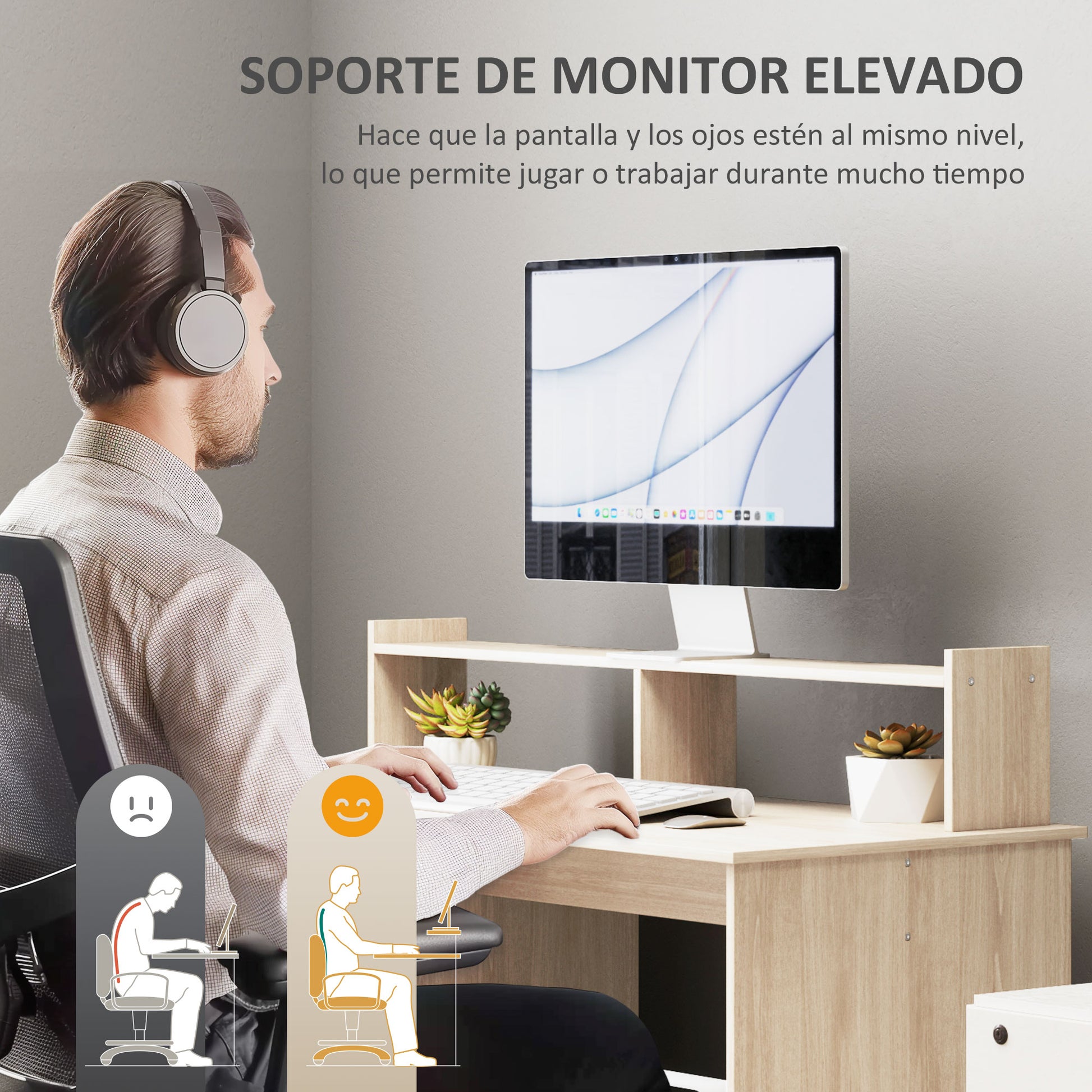 Modern Desk with Shelving Desk with Open Compartments and Monitor Stand Study Desk Home Office 108x50x94 cm Natural