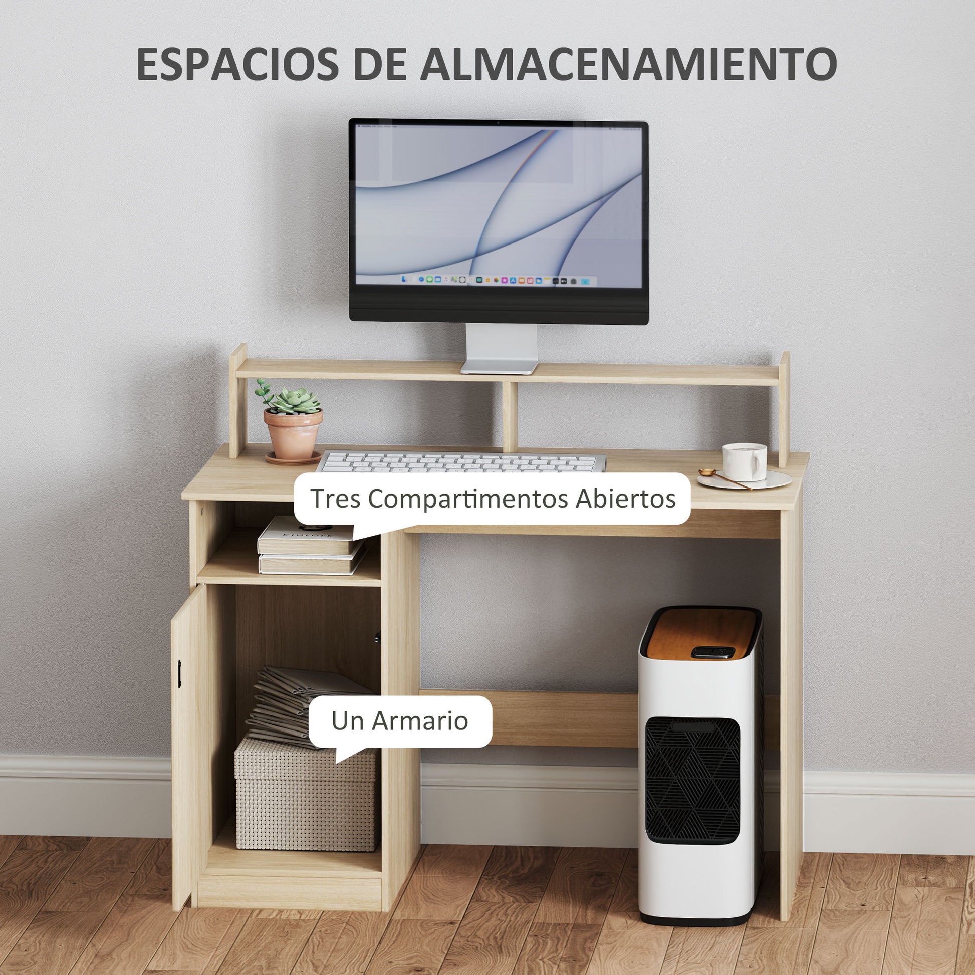 Modern Desk with Shelving Desk with Open Compartments and Monitor Stand Study Desk Home Office 108x50x94 cm Natural