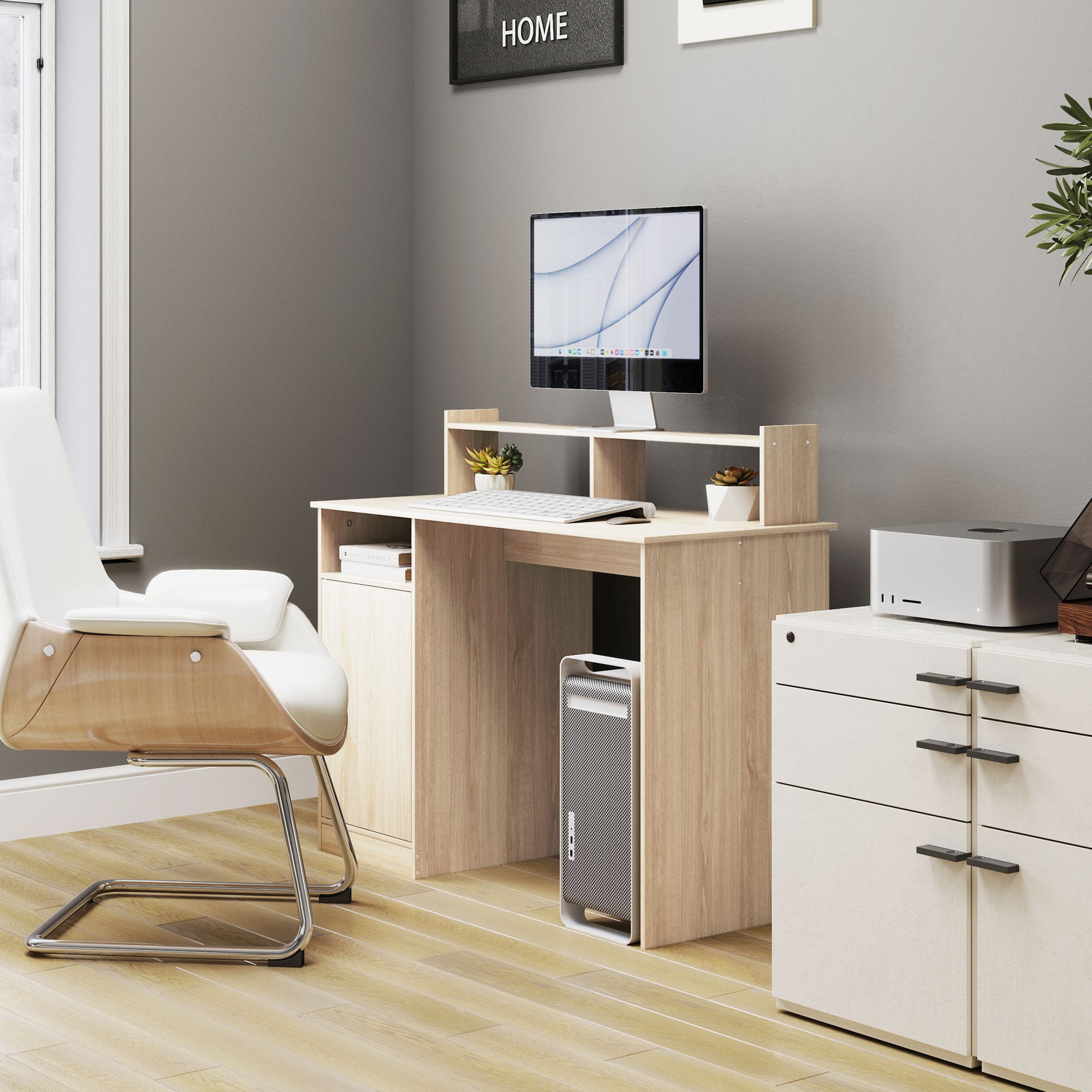 Modern Desk with Shelving Desk with Open Compartments and Monitor Stand Study Desk Home Office 108x50x94 cm Natural
