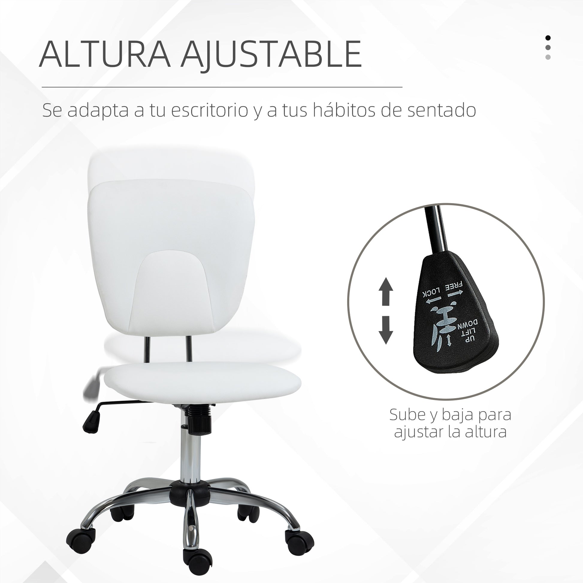 Armless Office Chair Desk Chair for Students with Adjustable Height and Tilt Function, 120 kg Load 50x54x87.5-96.5 cm White