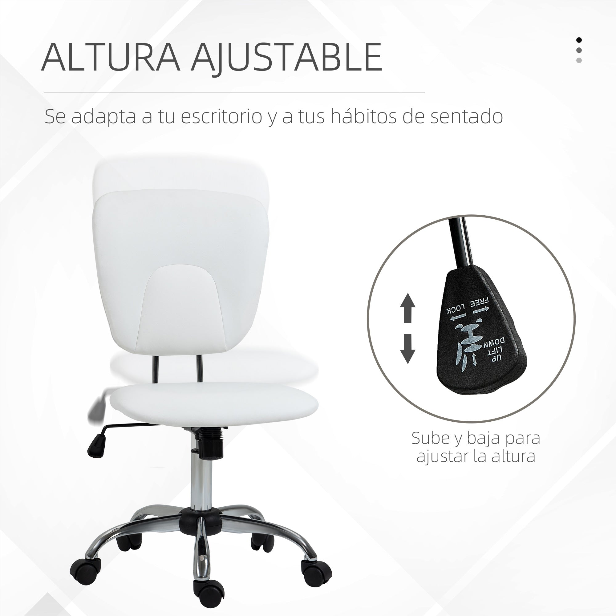 Armless Office Chair Desk Chair for Students with Adjustable Height and Tilt Function, 120 kg Load 50x54x87.5-96.5 cm White