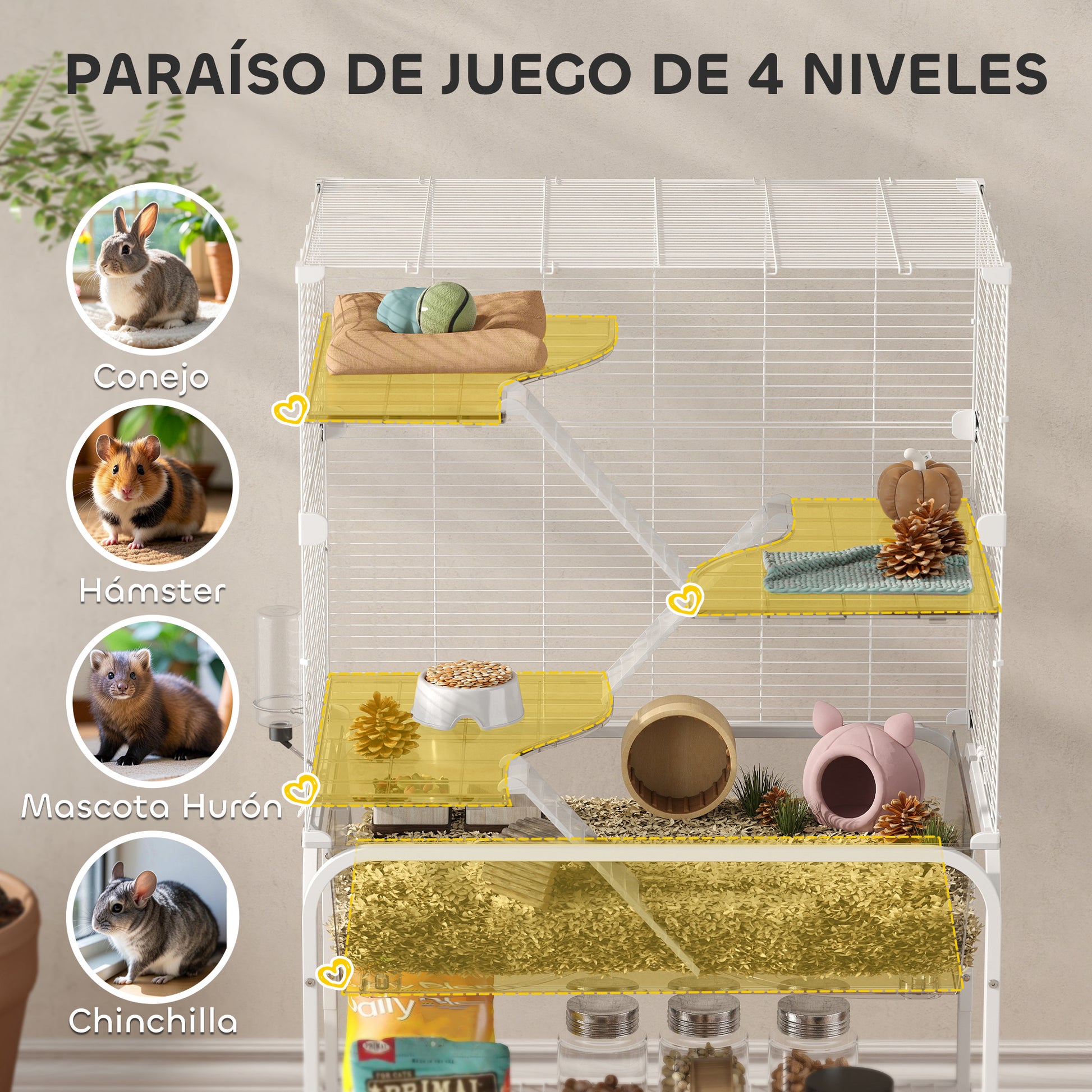 4-Level Cage for Small Animals with Wheels Rodent Cage with Deep Tray Ramps Platforms Feeder and Waterer Enclosure for Chinchillas Ferrets Hamsters 73x47x123 cm White