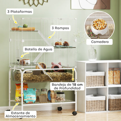 4-Level Cage for Small Animals with Wheels Rodent Cage with Deep Tray Ramps Platforms Feeder and Waterer Enclosure for Chinchillas Ferrets Hamsters 73x47x123 cm White