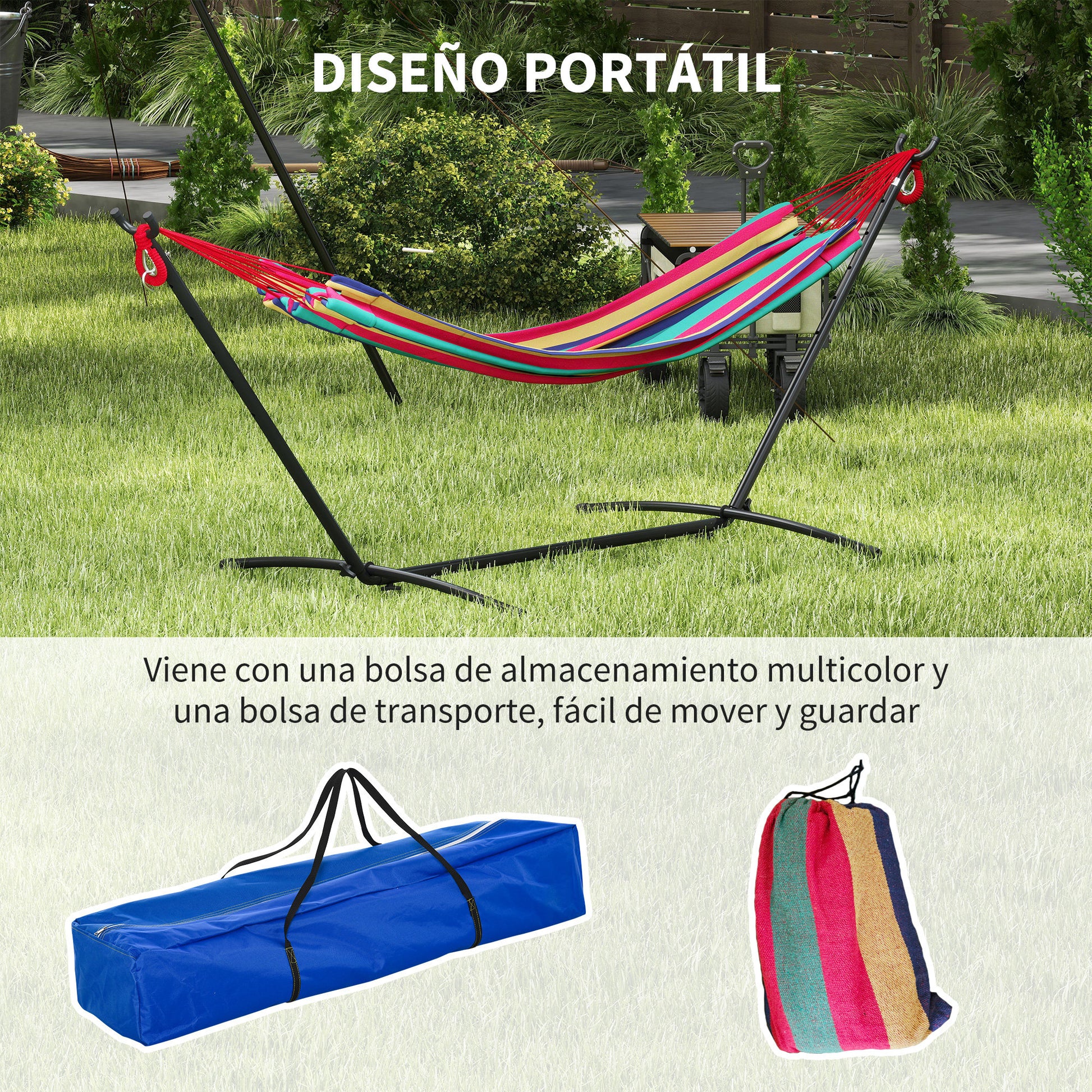 Hammock with Stand 310x117 cm Camping Hammock with Portable Carrying Bag Adjustable Height 120 kg Load for Patio Terrace Orange and Red Stripes
